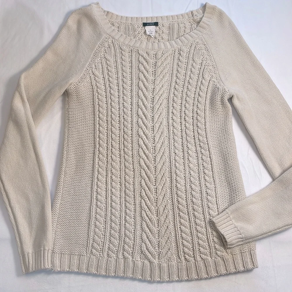 J. Crew Women’s Cable Knit Fisherman Sweater Cream Beige 100% Cotton Classic S